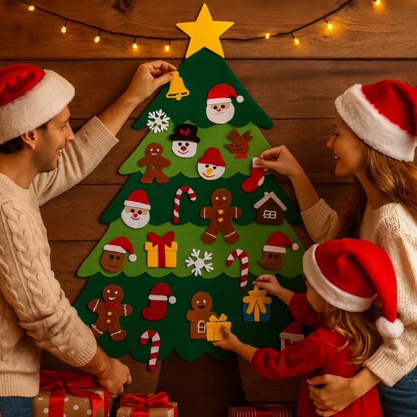 Filt juletræ med ornamenter